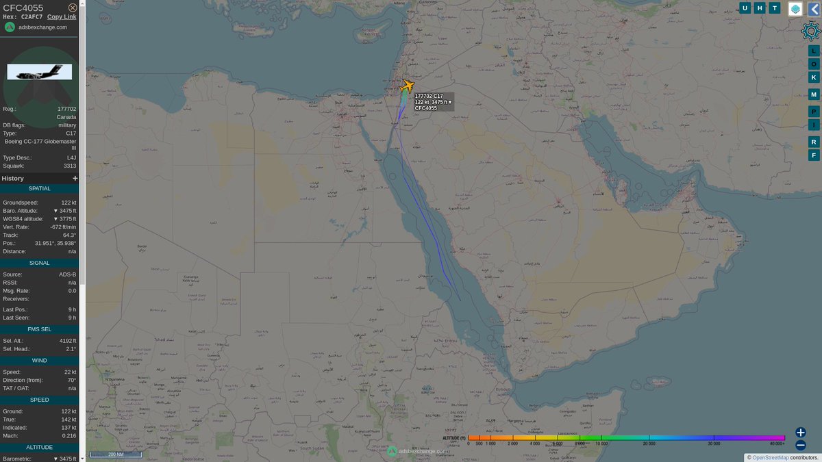 steffanwatkins's tweet photo. 🇨🇦 #RCAF CC-177 Globemaster III 177702 #C2AFC7 call sign #CFC4055 performed a round trip from Jordan 🇯🇴 to Djibouti 🇩🇯 and back last night/this morning with unknown cargo/persons, still conducting missions for #OpSAVANNE.
https://t.co/ILouXxfka5 https://t.co/YYQrFgD1NV