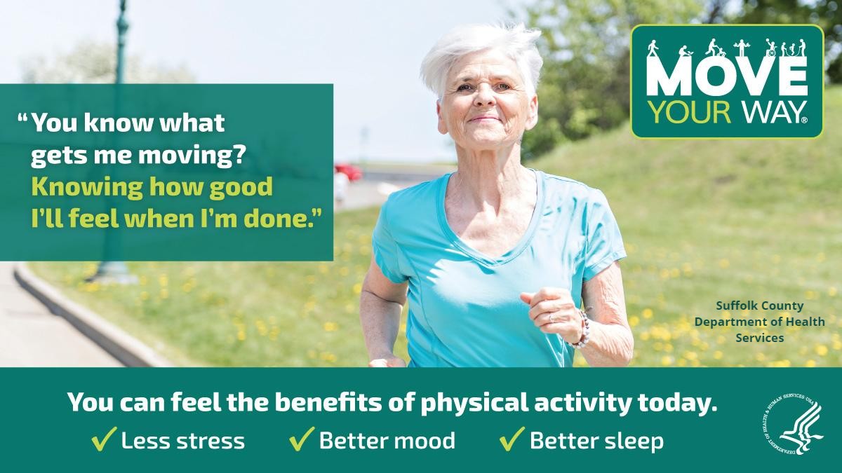 SuffolkCoHealth's tweet image. DYK? Physical activity can help you sleep, focus, and feel better! Learn more about the benefits with @HealthGov’s #MoveYourWay resources based on the Physical Activity Guidelines for Americans: bit.ly/2qzZlJqThis link is external to health.gov. #PAGuidelines