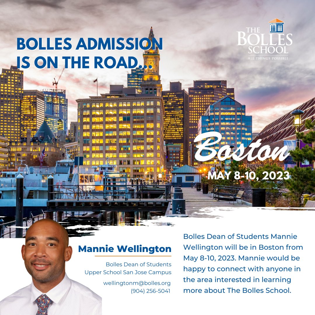 The Bolles School (@bollesschool) on Twitter photo Bolles Dean of Students Mannie Wellington will be in Boston from May 8-10, 2023. Mannie would be happy to connect with anyone in the area interested in learning more about The Bolles School. You can reach Mannie at WellingtonM@Bolles.org. #BollesAdmission Bolles Dean of Students Mannie Wellington will be in Boston from May 8-10, 2023. Mannie would be happy to connect with anyone in the area interested in learning more about The Bolles School. You can reach Mannie at WellingtonM@Bolles.org. #BollesAdmission