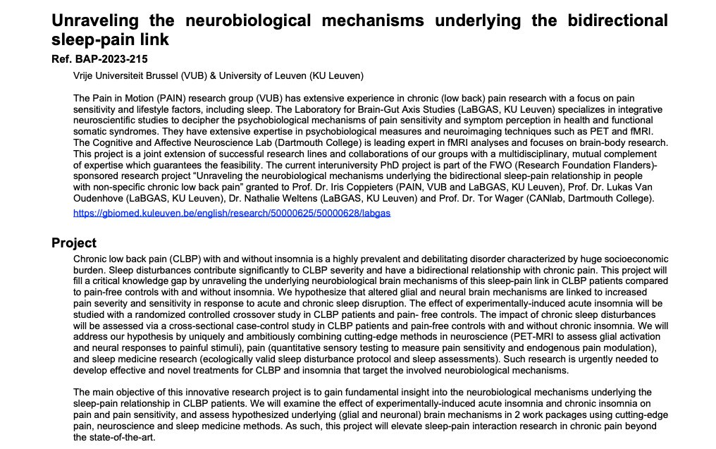 PaininMotion's tweet photo. 📣 Vacancy for a full-time joint PhD VUB – KULeuven📣 “Unraveling the neurobiological mechanisms underlying the bidirectional sleep-pain link” https://t.co/EOXA8iAr7J #PhD #painresearch #sleepresearch #sleeplab https://t.co/BZD3DG1pGy