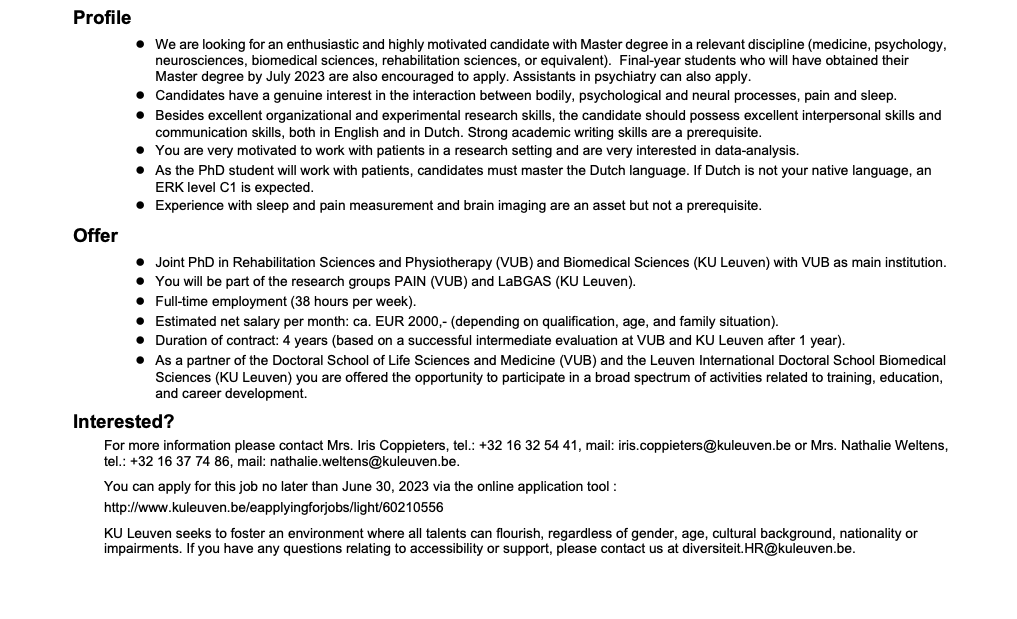 PaininMotion's tweet photo. 📣 Vacancy for a full-time joint PhD VUB – KULeuven📣 “Unraveling the neurobiological mechanisms underlying the bidirectional sleep-pain link” https://t.co/EOXA8iAr7J #PhD #painresearch #sleepresearch #sleeplab https://t.co/BZD3DG1pGy