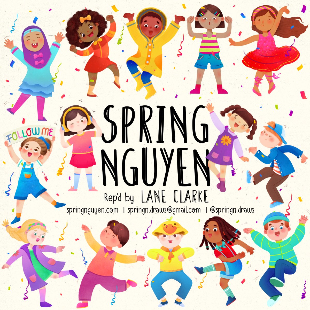 Hello #KidLitArtPostcard🎉. I'm Spring Nguyen, an illustrator/designer rep'd by
@lanewriteswords 😚, specializing in picture books,  board books and other magic goodies✨
.
💌springn.draws@gmail.com  
🌈springnguyen.com
#kidlitart #kidlitartists #childrenbook #illustration