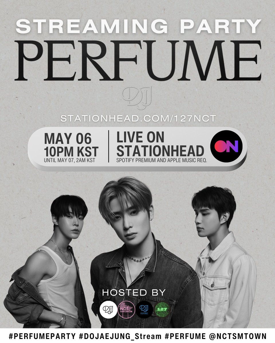DJJGLOBAL's tweet photo. NCT DOJAEJUNG 'Perfume' Streaming Party on Stationhead 📻
Date: TODAY, Saturday May 6th
Time: 10:00PM to 03:00AM KST
Join our #PerfumeParty!
- Stream the songs
- Boost streams with other fans
- Follow: https://t.co/FvL2TFyIl0
#NCT_DOJAEJUNG #DOJAEJUNG https://t.co/DGMhz8wJbW
