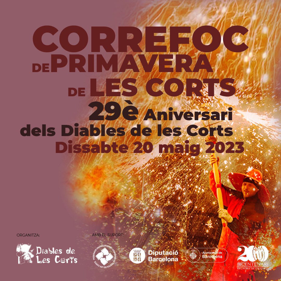 DiablesLesCorts's tweet photo. 🔥🔥🔥#Correfoc de #Primavera de #lescorts
✌️Diada del 29è aniversari de colla, el dissabte 20 de maig!
✍🏼 Barra a preus populars
🫵🏽 A partir de 12h, amb Pl. Concòrdia com espai central de festa
#diables #diablesdelescorts #foc #festesprimavera #lafestapanarra https://t.co/ERA0e3sN3K
