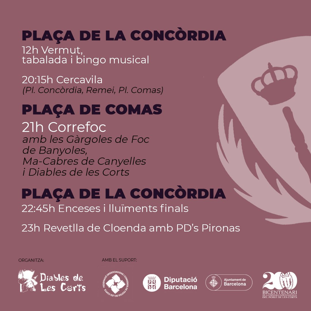 DiablesLesCorts's tweet photo. 🔥🔥🔥#Correfoc de #Primavera de #lescorts
✌️Diada del 29è aniversari de colla, el dissabte 20 de maig!
✍🏼 Barra a preus populars
🫵🏽 A partir de 12h, amb Pl. Concòrdia com espai central de festa
#diables #diablesdelescorts #foc #festesprimavera #lafestapanarra https://t.co/ERA0e3sN3K