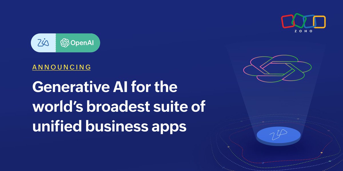 Zoho's tweet image. 🥁 Big update: We&apos;re thrilled to announce the integration of our AI assistant, Zia, with @OpenAI. 😍

With generative AI Zoho app extensions and integrations, powered by ChatGPT, it&apos;s time to improve how you get work done!
Try it out 👉 zoho.to/ZiaAI

What&apos;s more?👇