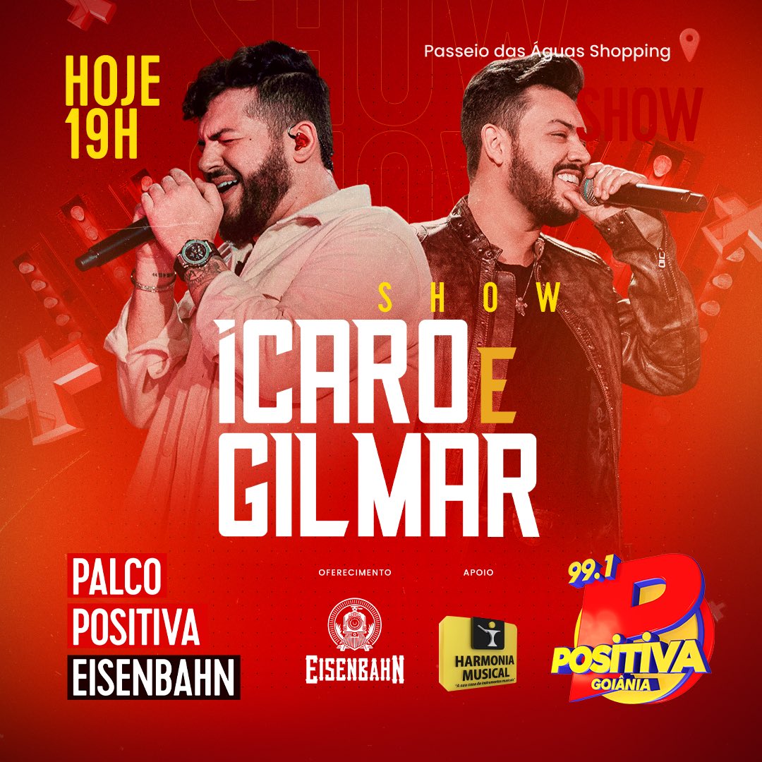 PositivaFM's tweet photo. Preparados pra hoje? A partir das 19h o Palco Positiva Eisenbahn recebe @icaroegilmar ao vivo na Sertaneja do Brasil. Sintonize na 99.1 FM ou assista pelo no canal do YouTube/PositivaFmOficial. #icaroegilmar #goiania #positivafm https://t.co/64nDREMlOM