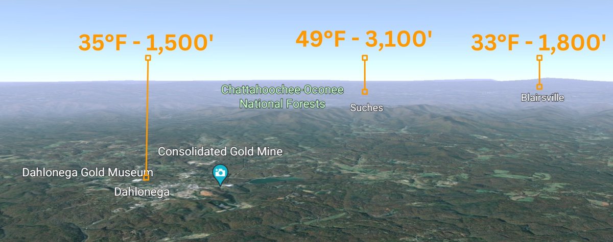 Stout inversion this morning in the North Georgia mountains, Some areas in the valleys saw a frost/light freeze while the higher elevations pushed 50°F. I recorded these temps on my morning drive.

A beautiful day ahead! Temps will warm up quickly! #gawx