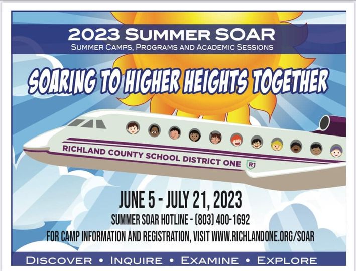 RichlandOne's tweet photo. The school year is quickly coming to a close, but learning doesn’t stop during the summer in Richland One. Register your children for our Summer SOAR programs and camps! Click the link below for more information. #TeamOne #OneTeam
https://t.co/YB6nj1qdhz https://t.co/qkNh3MlICo