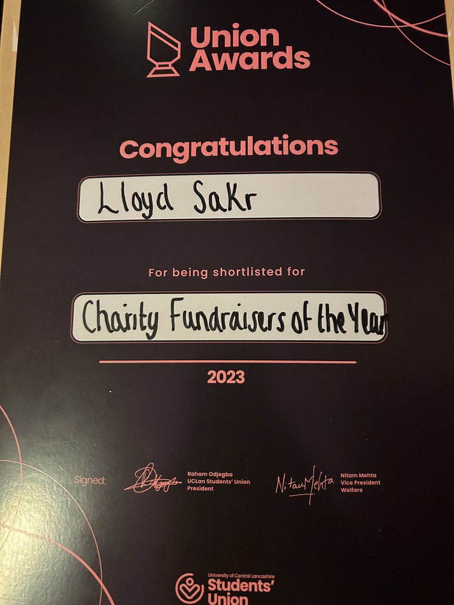 LloydSakr_'s tweet photo. I was delighted to receive the Centre for Volunteering and Community Leadership Gold Award last night for volunteering over 100 hours in the past year. 

I was also very proud to be shortlisted for the Charity fundraiser of year award at the @UCLanSU Union  Awards last week. https://t.co/EdLBMvQRWW