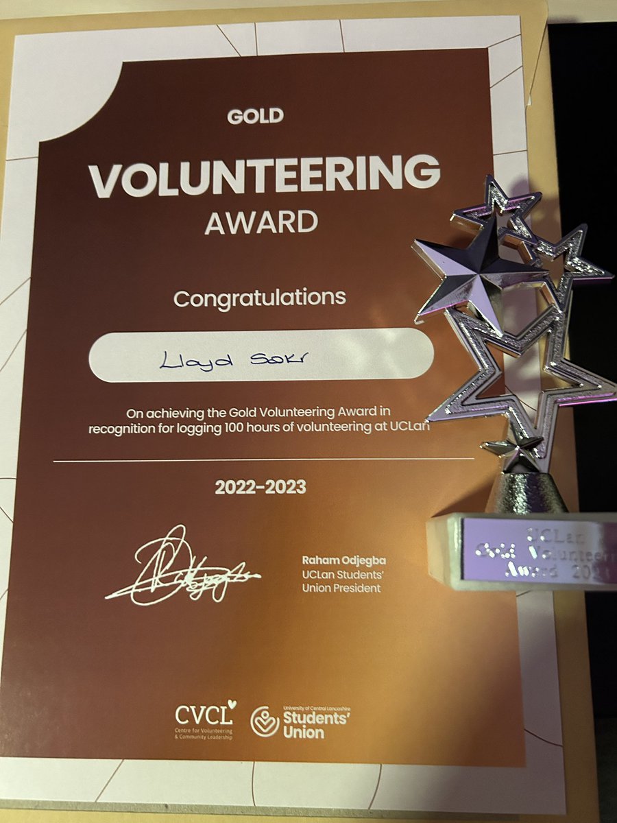 LloydSakr_'s tweet photo. I was delighted to receive the Centre for Volunteering and Community Leadership Gold Award last night for volunteering over 100 hours in the past year. 

I was also very proud to be shortlisted for the Charity fundraiser of year award at the @UCLanSU Union  Awards last week. https://t.co/EdLBMvQRWW