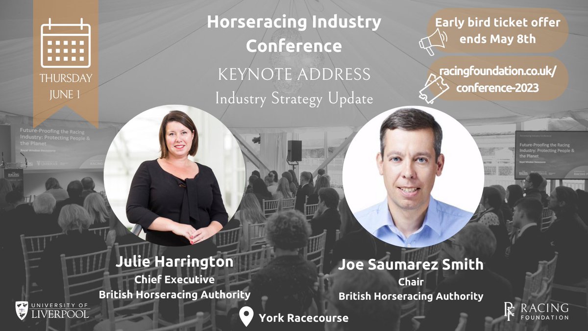 ⏰ Only 4 days left to purchase early-bird Horseracing Industry Conference tickets @ £55 
📅Thursday, June 1 
📍York Racecourse

Hear from <a href="/BHAHorseracing/">British Horseracing Authority</a> 's Julie Harrington and Joe Saumarez Smith on creating a joined-up strategy for long-term growth. 
🎟️ tinyurl.com/ycndrud6