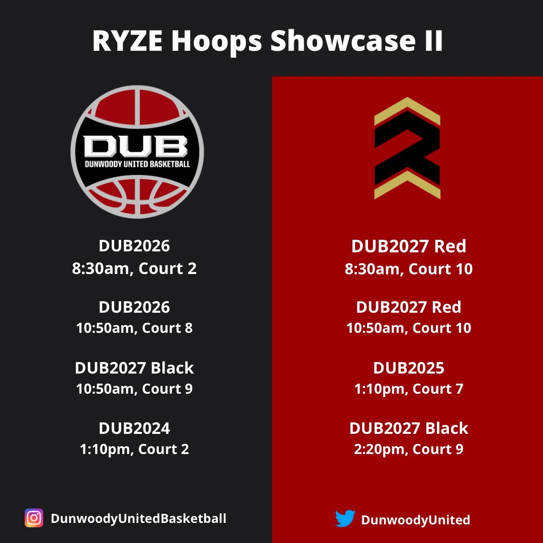 Excited for the entire DUB squad to head out to <a href="/LakePointSports/">LakePoint Sports</a> and compete with <a href="/RYZEHoops/">RYZE Hoops</a>!
See our schedule below and come check us out!