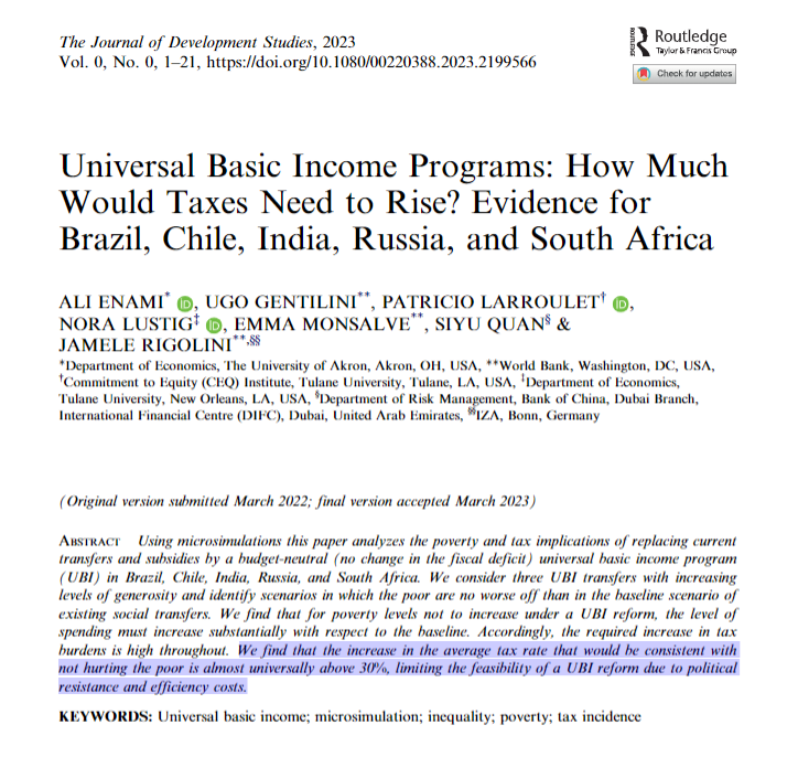 New in #JDevStudies: Simulations of UBI financing in 🇧🇷🇨🇱🇮🇳🇷🇺🇿🇦 demonstrate challenges designing schemes that do not hurt the poor + keep the tax burden in check

<a href="/Ali_Enami/">Ali Enami, Ph.D.</a> <a href="/Ugentilini/">Ugo Gentilini</a> Larroulet <a href="/noralustig/">Nora Lustig</a> <a href="/MonsalveEmma/">Emma Monsalve</a> Quan &amp; <a href="/JameleRigolini/">Jamele Rigolini</a> 

doi.org/10.1080/002203…