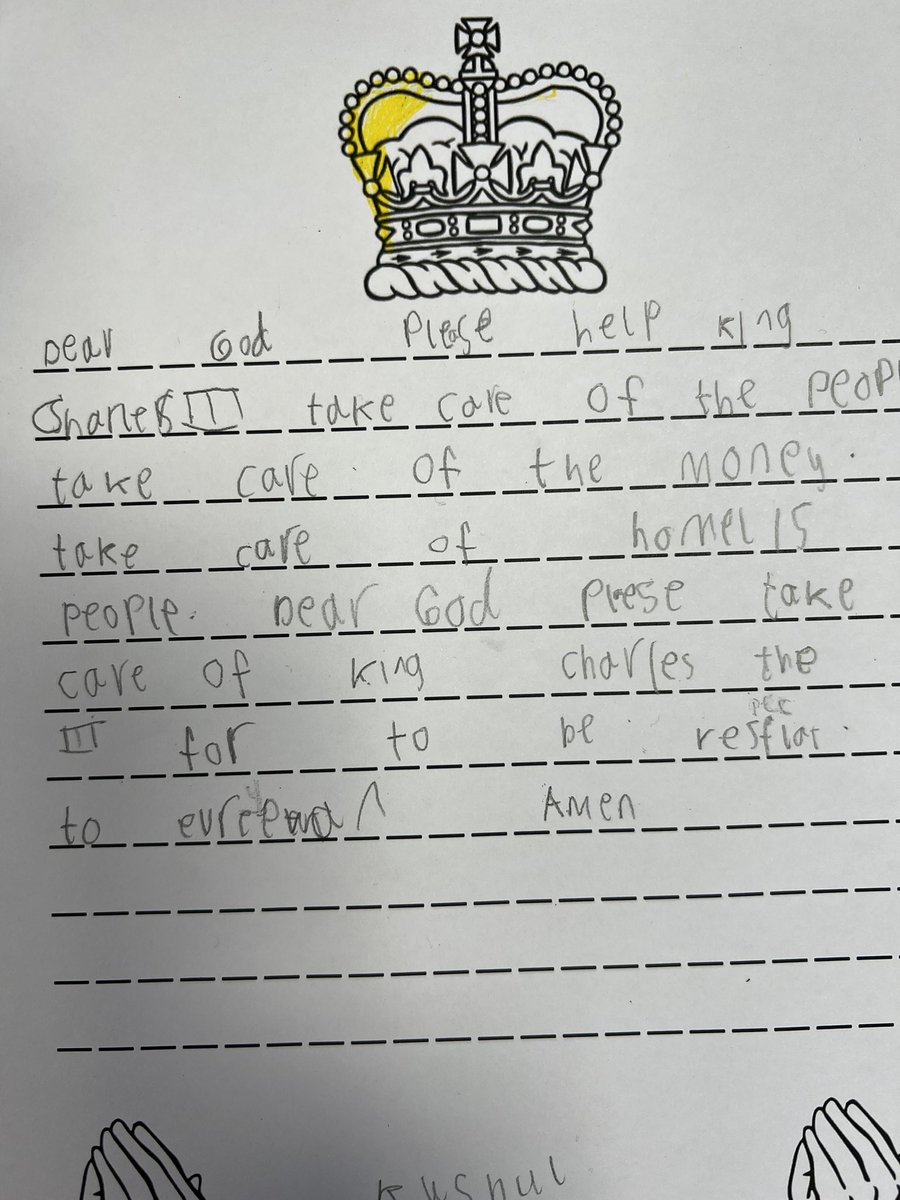e1_stgeorge's tweet photo. We wrote some prayers asking God to help King Charles to be a good king. 👑🤴🏻🇬🇧🙏🏽@StAnnesgaCPS @e1_stgeorges https://t.co/UccMZesg8s