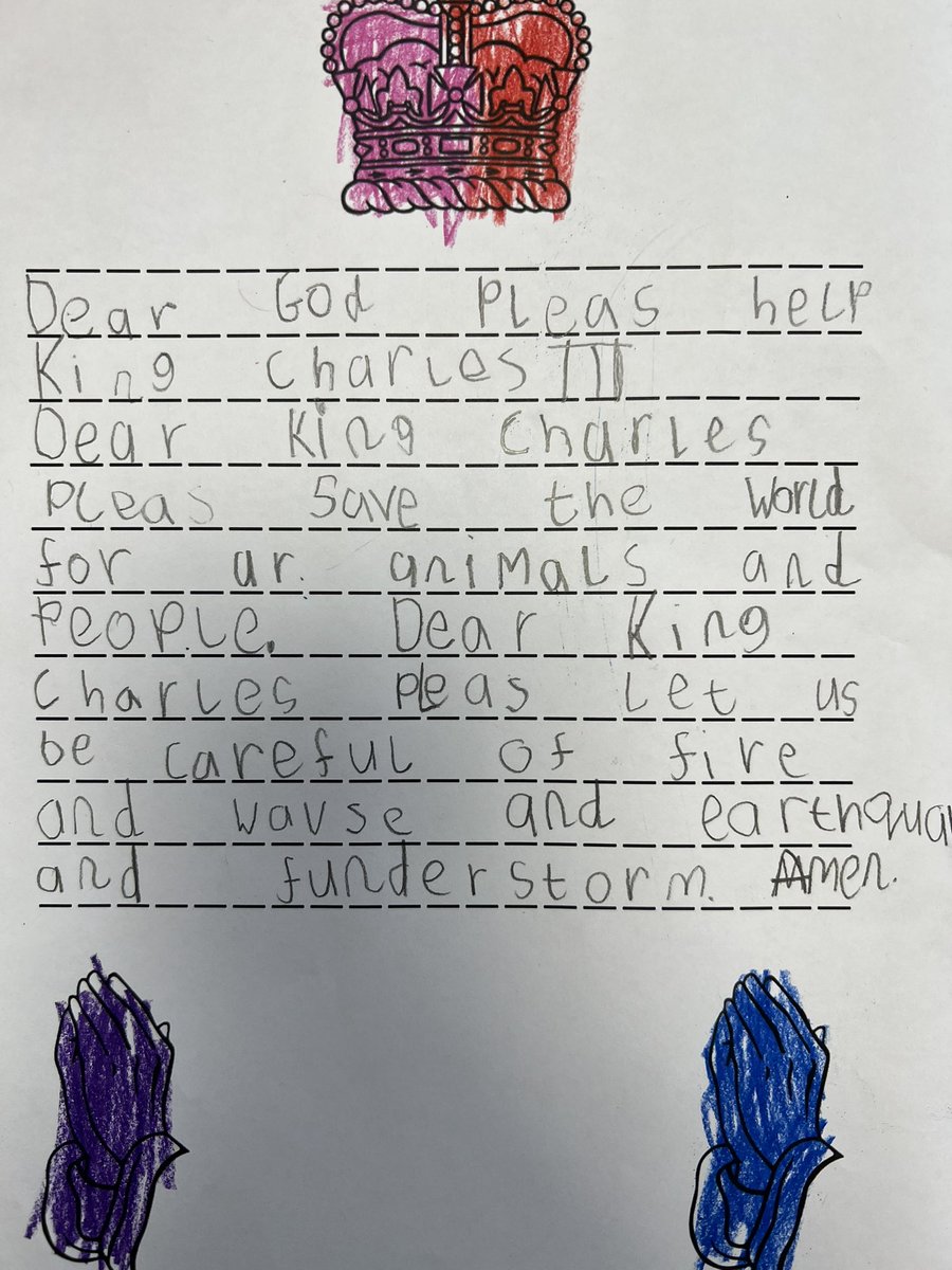 e1_stgeorge's tweet photo. We wrote some prayers asking God to help King Charles to be a good king. 👑🤴🏻🇬🇧🙏🏽@StAnnesgaCPS @e1_stgeorges https://t.co/UccMZesg8s