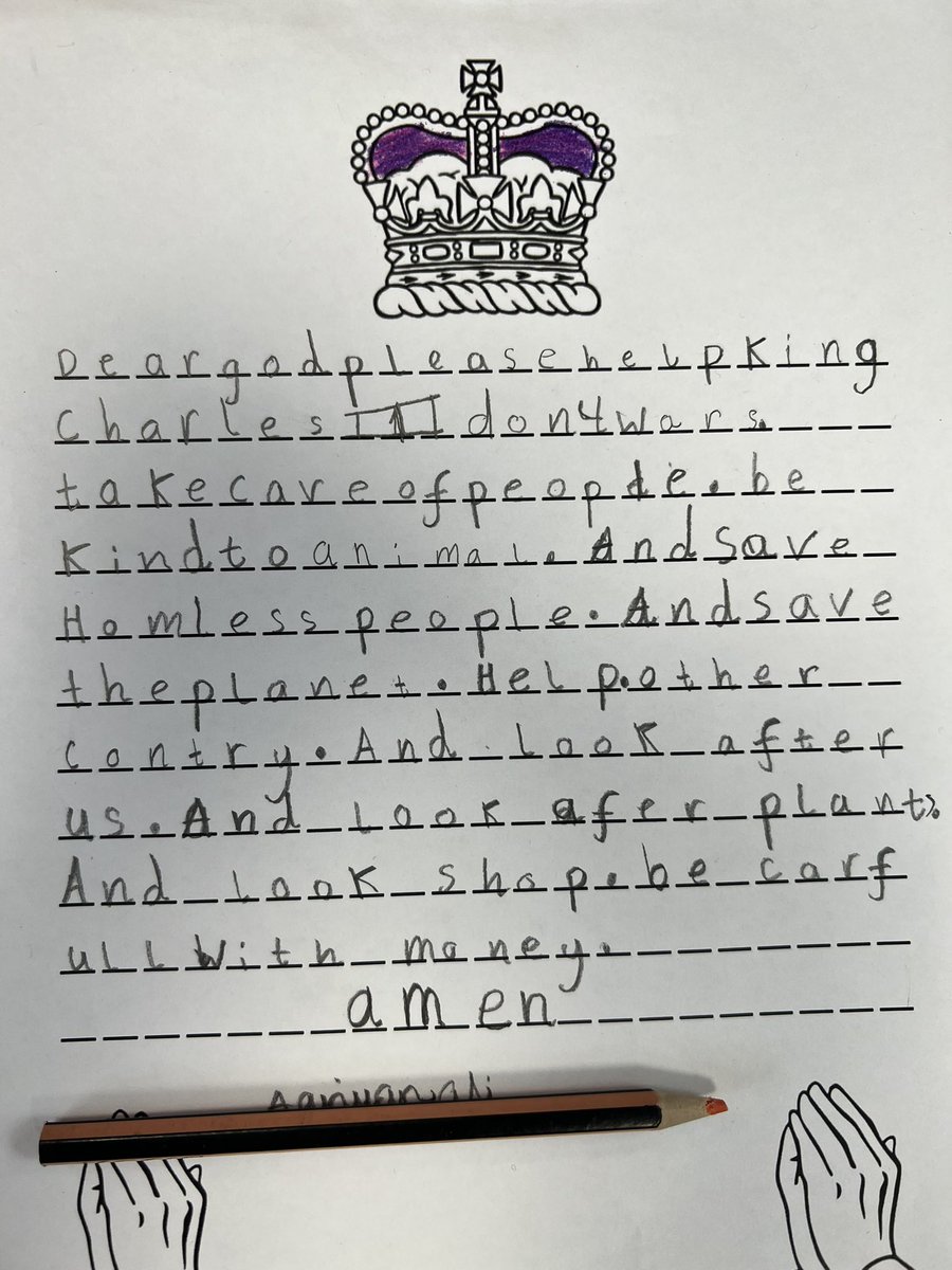 e1_stgeorge's tweet photo. We wrote some prayers asking God to help King Charles to be a good king. 👑🤴🏻🇬🇧🙏🏽@StAnnesgaCPS @e1_stgeorges https://t.co/UccMZesg8s