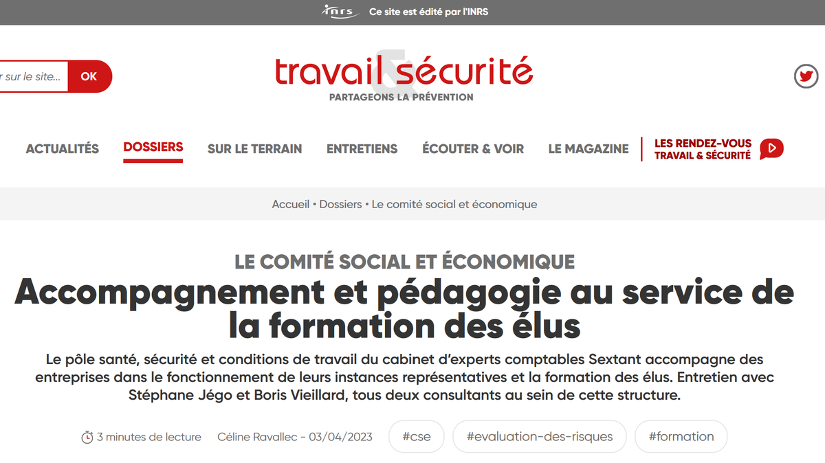 SextantCSE's tweet image. 📢 Il y a quelques semaines, #BorisVieillard &amp;amp; #StéphaneJégo, consultants @SextantCSE, faisaient le point auprès de l'@INRSfrance sur le bilan de la première mandature des #CSE. #MoyensDesCSE #C2T #RPS à lire travail-et-securite.fr/ts/847/DOS/TS8…