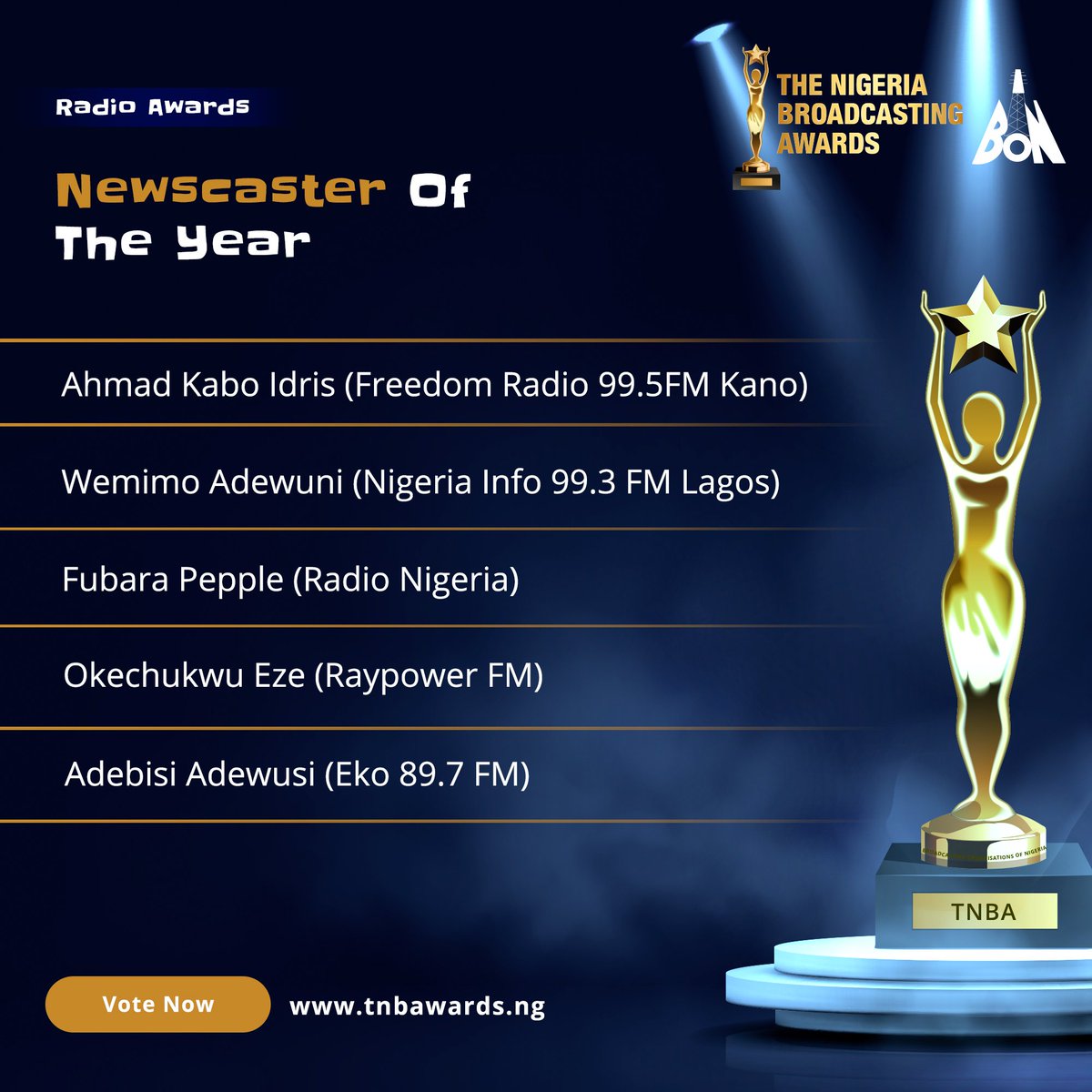 TNBAwards's tweet photo. Help them acquire the gold standard award in their profession,from scripting to production to post production.
They deserve to be celebrated and it's all in your voting power 🥂

#tnba #broadcasters #broadcast #nigerianbroadcasters #radio #broadcasting #media #OAP https://t.co/Xx7YLGZN5k