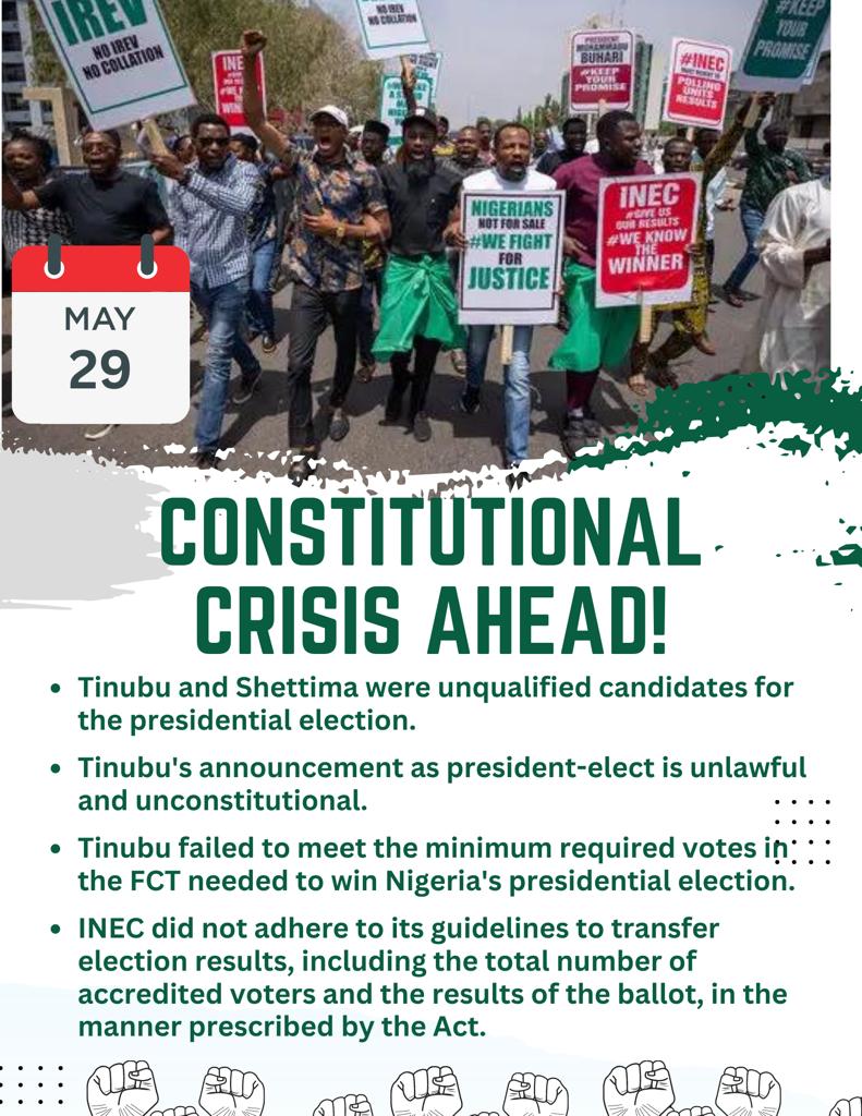 OselokaHObaze's tweet photo. We confront a Consitutional Crisis. Ponder these; Can any legality emanate from a slew of illegalities? Can a man who has desecrated the Nigerian Constitution also uphold that Constitutions?  Can the people's mandate stolen with impunity be allowed to stand without consequences? https://t.co/uh01NssosD