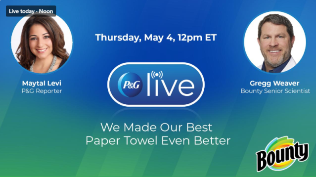 KellHumm's tweet photo. Tune into P&amp;G Live on LinkedIn May 4 at 12PM ET to get all your Bounty questions answered as P&amp;G Reporter Maytal Levi chats with Bounty Senior Scientist Gregg Weaver about this latest #PGInnovation and the technology that went into new Bounty. #PGemployee https://t.co/10fQb0J0P4 https://t.co/gkeaqUwygJ