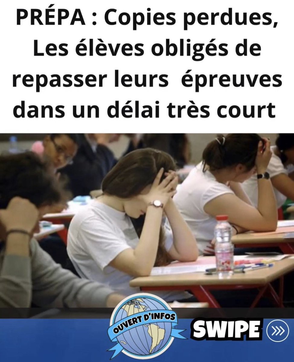 ouvert_d_infos's tweet photo. PRÉPA: Copies perdues,
Les élèves obligés de repasser leurs épreuves dans un délai très court. 

Cette nouvelle a suscité l'émoi chez les élèves de prépa, qui se sont déclarés « profondément scandalisés et révoltés » par cette situation.

#examen #epreuves #etudiants #prepa https://t.co/KbI8yyPP1N