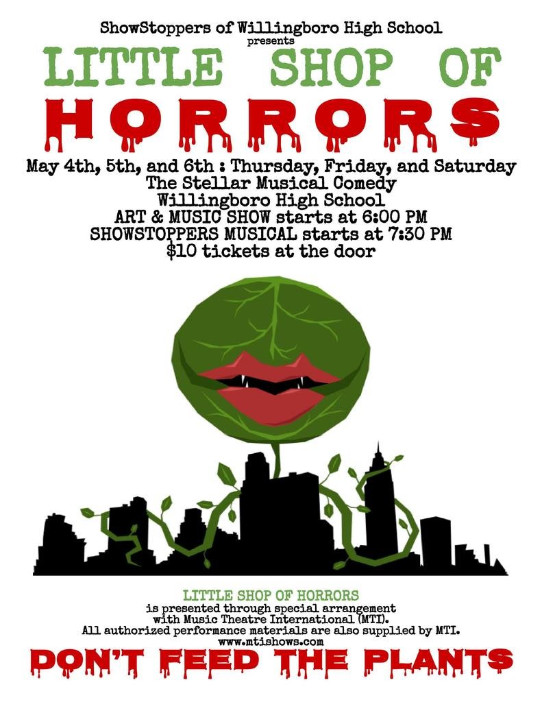 Join us at the Little Shop of Horrors on May 4-6! The Art &amp; Music Show starts at 6:00 PM and the Musical starts at 7:30 PM. Admission is $10.

We hope to see you there, but parental discretion is advised! Click here to access the Parental Guide --&gt; 5il.co/1tqou