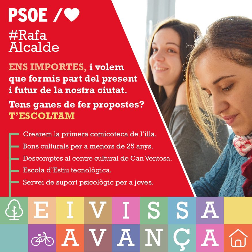 PSOE_Eivissa's tweet photo. 🌹#EivissaAvança 
👉🏻Posarem en marxa un servei municipal de suport psicològic per a joves.

👉🏻Impulsarem la primera comicoteca de l’illa. 

👉🏻Oferirem Bons culturals per a menors de 25 anys, descomptes a Can Ventosa i  una escola d’estiu tecnològica.
#RafaAlcalde https://t.co/ZrnykvQRe5