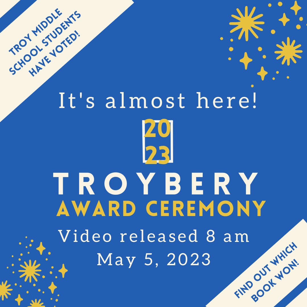 Christina Chatel (@medialoguer) on Twitter photo Very excited to reveal the #Troybery2023 winners tomorrow via our pre-recorded video ceremony! Check back tomorrow for the YouTube link. <a href="/troyschools/">TroySchools</a> <a href="/BakerMiddle/">Baker Middle School</a> <a href="/bpbroncos/">Boulan Park</a> <a href="/SmithKnights/">Smith Middle School</a> <a href="/LarsonMS/">Larson Middle School</a>
#OneTroy #MISchoolLibrary Very excited to reveal the #Troybery2023 winners tomorrow via our pre-recorded video ceremony! Check back tomorrow for the YouTube link. <a href="/troyschools/">TroySchools</a> <a href="/BakerMiddle/">Baker Middle School</a> <a href="/bpbroncos/">Boulan Park</a> <a href="/SmithKnights/">Smith Middle School</a> <a href="/LarsonMS/">Larson Middle School</a>
#OneTroy #MISchoolLibrary