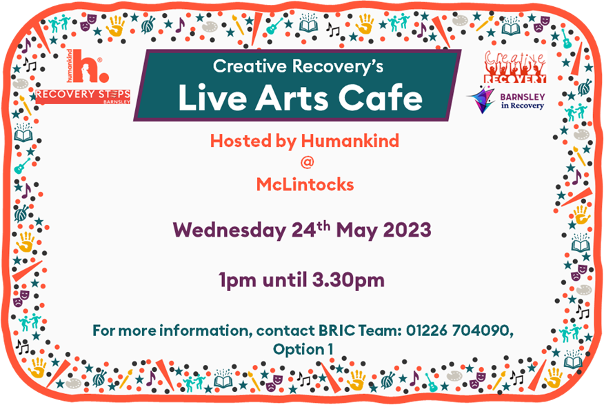 Come and join us for some screen printing, live music and chat about creative ways to boost wellbeing, when Creative Recovery bring their Live Arts Cafe to our Recovery Hub. <a href="/allofusinmind/">SouthWestYorkshire Partnership NHS FoundationTrust</a> <a href="/BarnsleyRecover/">Barnsley Recovery Steps</a> <a href="/BarnsleyCouncil/">Barnsley Council</a> <a href="/CreativeRecove1/">Creative Recovery</a>