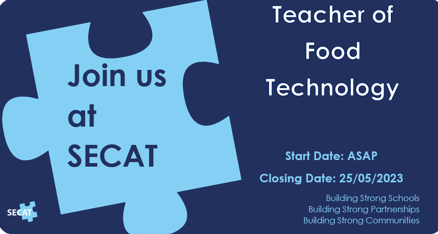 S_E_C_A_T's tweet photo. Shoeburyness High School are searching for a Teacher of Food Technology to join their team.
The role starts ASAP, and the application closing date is the 25th May 2023 at midday.
#hiring #education #SECAT
https://t.co/zXP45EwDM4 https://t.co/XmLrW4cVFd