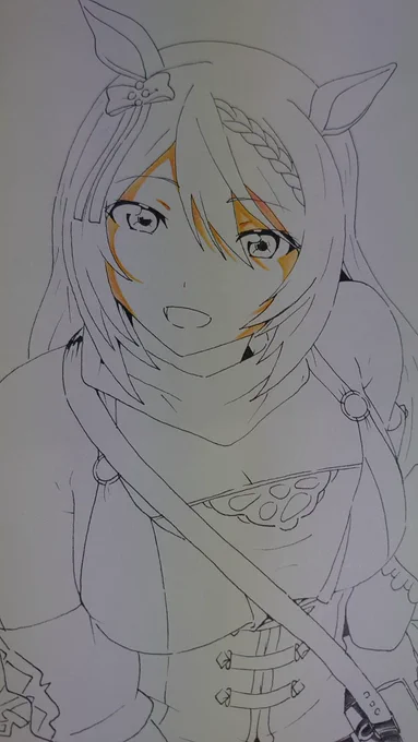 市販(三菱)で塗り塗り中の スーパークリークさんイラスト 簡素化しつつアニメ塗りでゲーム色に〜 ターコイズブルーなスカイブルーのグラデでツヤ感を #ウマ娘プリティダービー #スーパークリーク #進捗 #色鉛筆