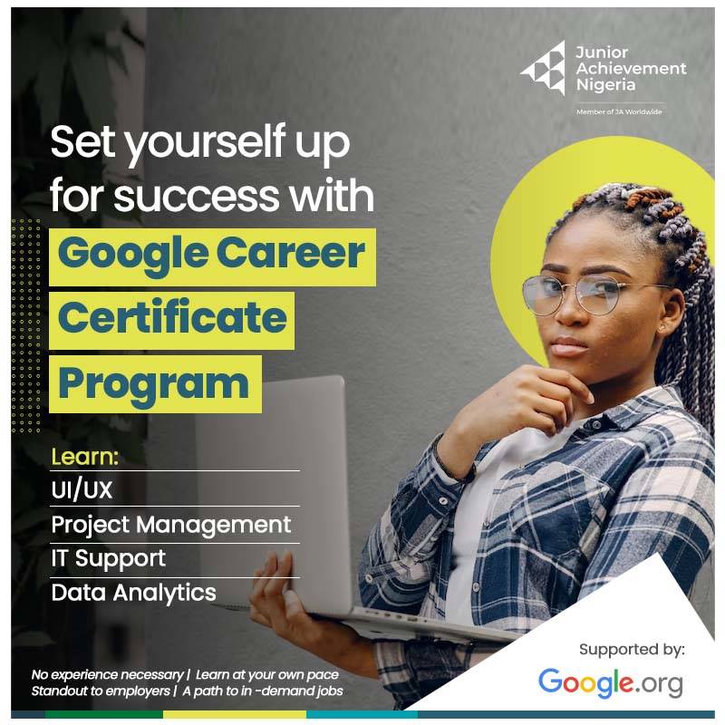 JANigeria's tweet photo. Thinking of how to acquire in-demand skills relevant for success?

Earn a recognized certificate Google Career Certificate Program.

Sign up today
https://t.co/S2PFGGf8iQ
.
.
.
#LearnwithGoogle #Digitalliteracy #Entrepreneurship #Financialliteracy #Workreadiness #JANigeria https://t.co/3GE8APStcd