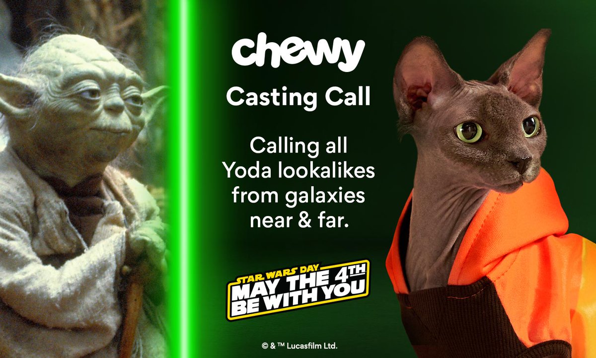 Does your pet resemble the legendary Jedi Master Yoda? Share a pic of your pet by tagging <a href="/Chewy/">Chewy</a> and hashtags #ChewyCastingCall and #Maythe4thBeWithYou for a chance to win BIG &amp; reign supreme.

Learn more: chwy.co/420mdSr

*Terms &amp; Conditions apply