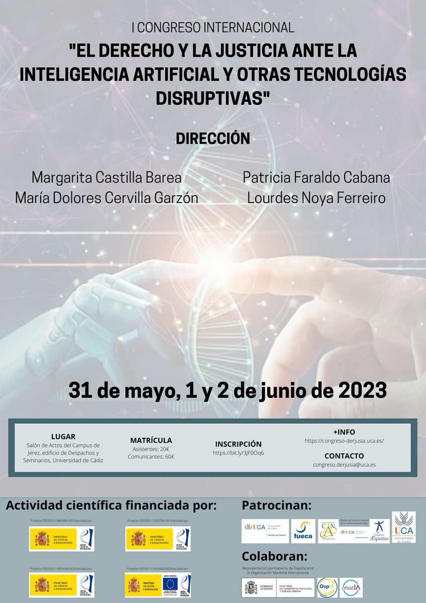 Los próximos 31 de mayo, 1 de junio y 2 de junio celebramos en <a href="/derecho_uca/">Derecho UCA</a> el I Congreso “El Derecho y la Justicia ante la Inteligencia Artificial y otras tecnologías disruptivas”, con modalidad presencial y online, y con #CallForPapers abierto hasta el 22 de mayo.