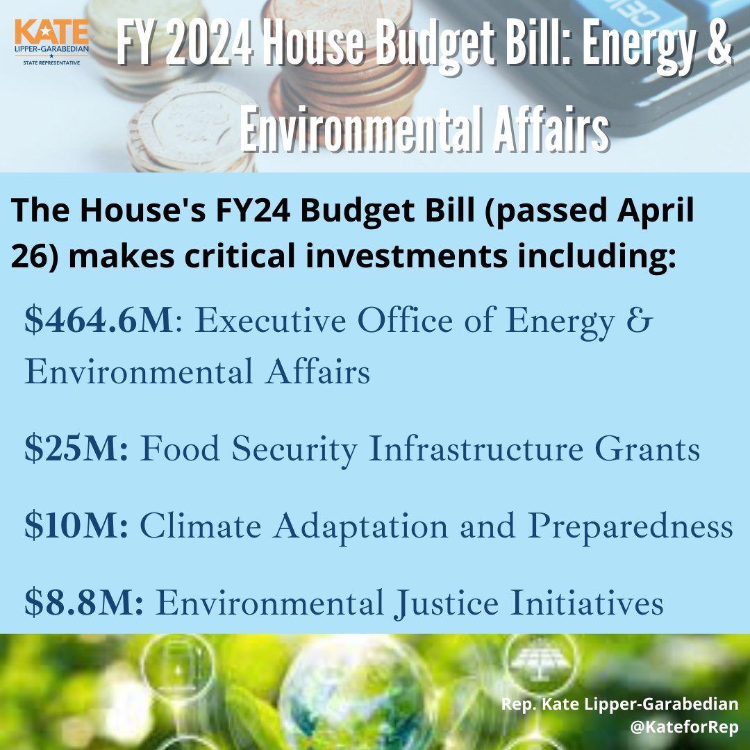 KateforRep's tweet photo. Next up in House FY24 budget bill review - #Energy &amp; #EnvironmentalAffairs to which House commits $700M (1.25% of total) with $464+M to @MassEEA &amp; $$ for #EnvironmentalJustice, #Climate adaptability including for new #ClimateChief, #OffshoreWind, State parks, &amp; #FoodSecurity. 1/2 https://t.co/JPnjINIxht