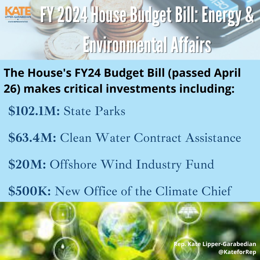 KateforRep's tweet photo. Next up in House FY24 budget bill review - #Energy &amp; #EnvironmentalAffairs to which House commits $700M (1.25% of total) with $464+M to @MassEEA &amp; $$ for #EnvironmentalJustice, #Climate adaptability including for new #ClimateChief, #OffshoreWind, State parks, &amp; #FoodSecurity. 1/2 https://t.co/JPnjINIxht