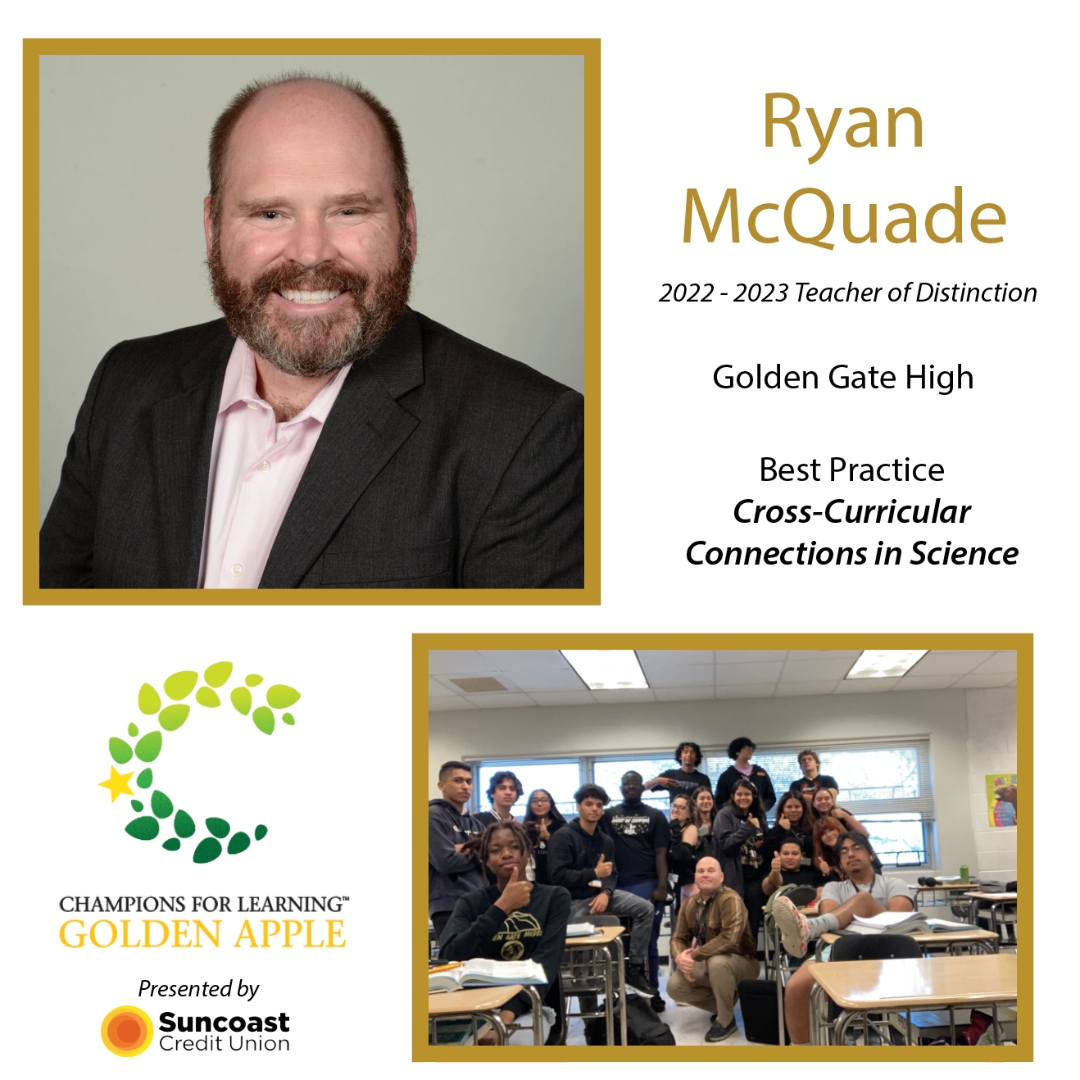 Mr. McQuade is helping students develop a love for science through his best practice 'Cross-curricular Connections in Science', where he explains science doesn't stop outside the classroom but is all around us! #Champs4learning #GoldenAppleCollier <a href="/SuncoastCU/">Suncoast Credit Union</a> <a href="/GGHS_Titans/">Golden Gate HS</a>