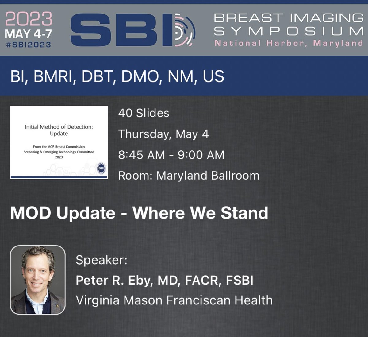 Let’s get on this @BreastImaging! Dr Peter Eby gave compelling reasons why we should be documenting method of detection (MOD) for #breastcancer #sbi2023