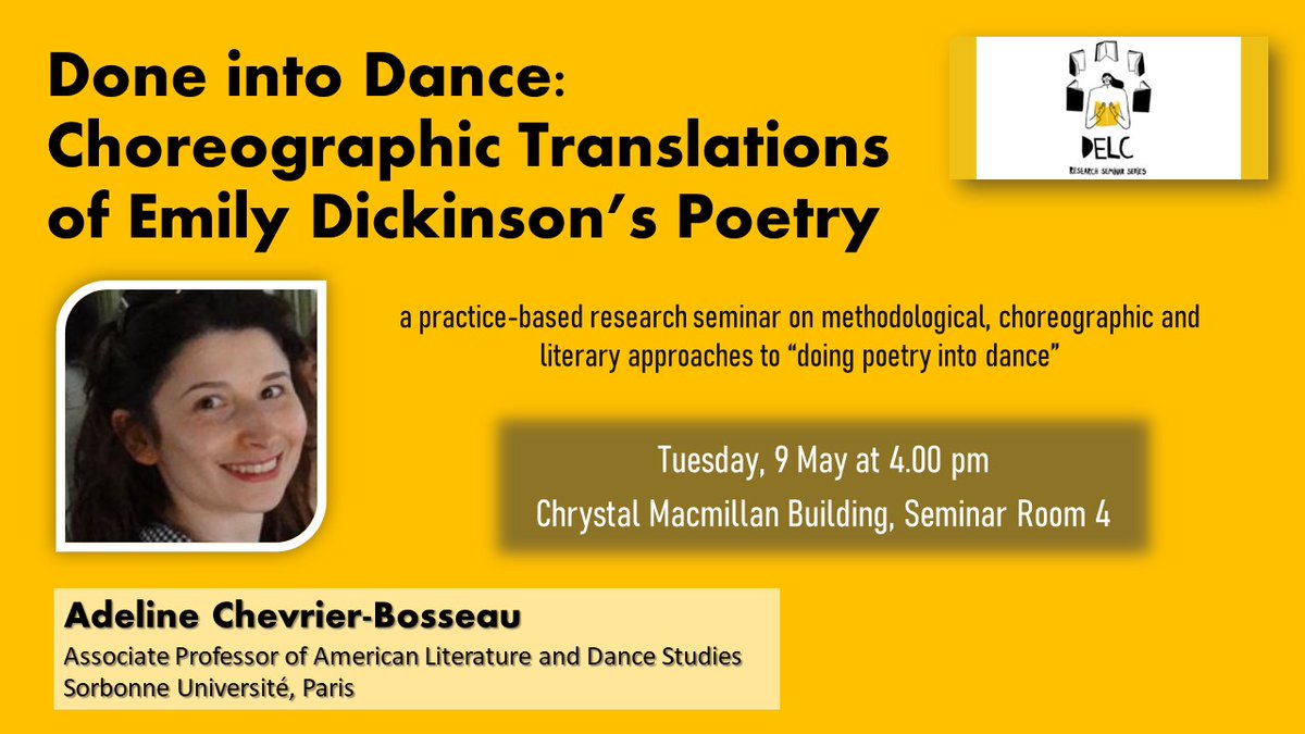 Join us next Tuesday for an intermedial celebration of embodied verses, of poetry and dance, with Adeline Chevrier-Bosseau (Sorbonne Université) and our own MSc student Liz Yun as respondent! All most welcome! 🤸🏽‍♀️📜

ed.ac.uk/literatures-la…