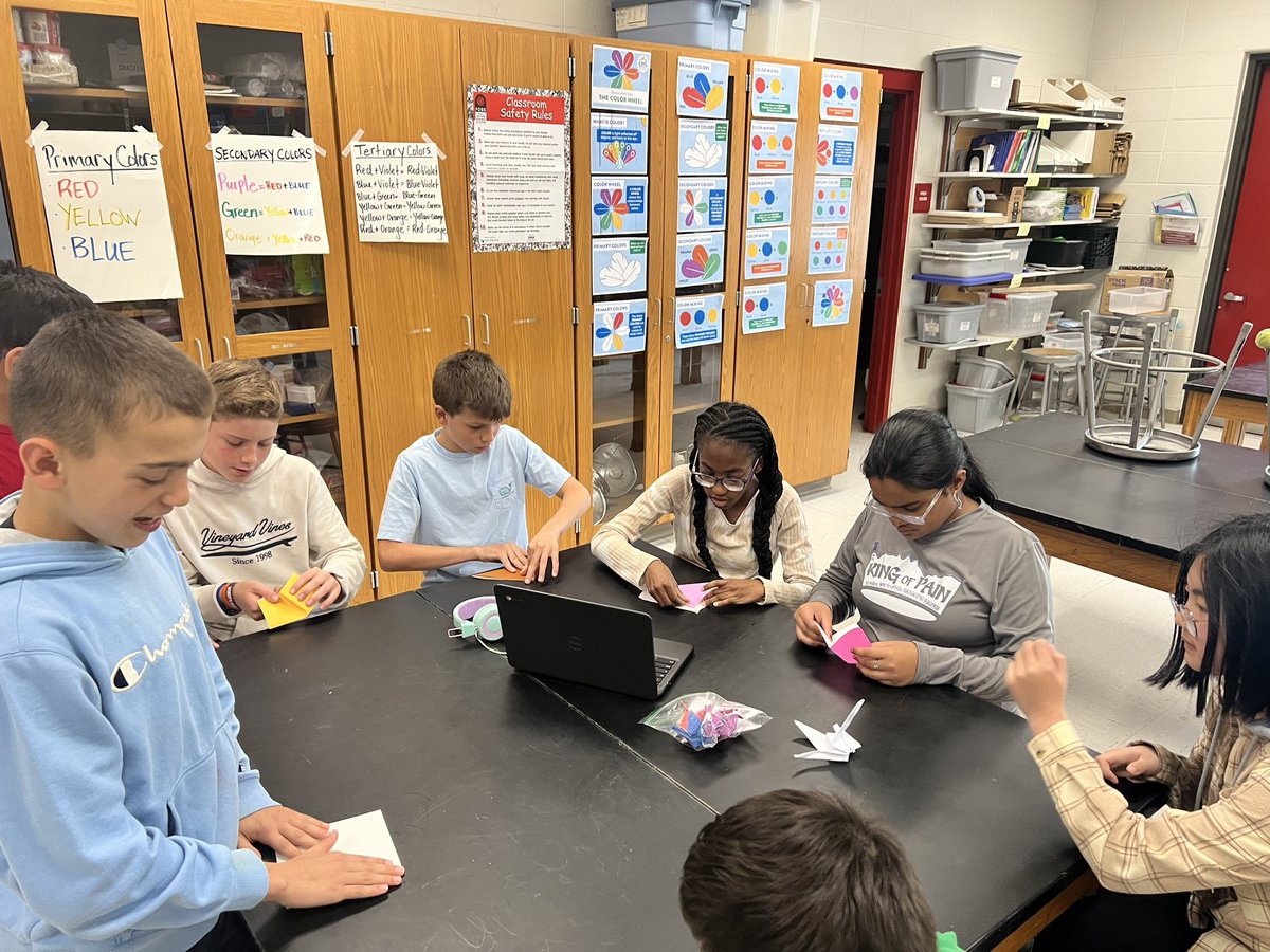 eps_stem's tweet photo. Ellington Public Schools celebrates STEAM day inspired by 💕Pranit 💕. Thank you sixth grade helpers for helping us make the paper crane message display! @WindyWhales #epsstem @CLSPrincipal_ @MikeVerderame @PrincipalJHill @ErinLaFleche https://t.co/l9uMrwFWxe