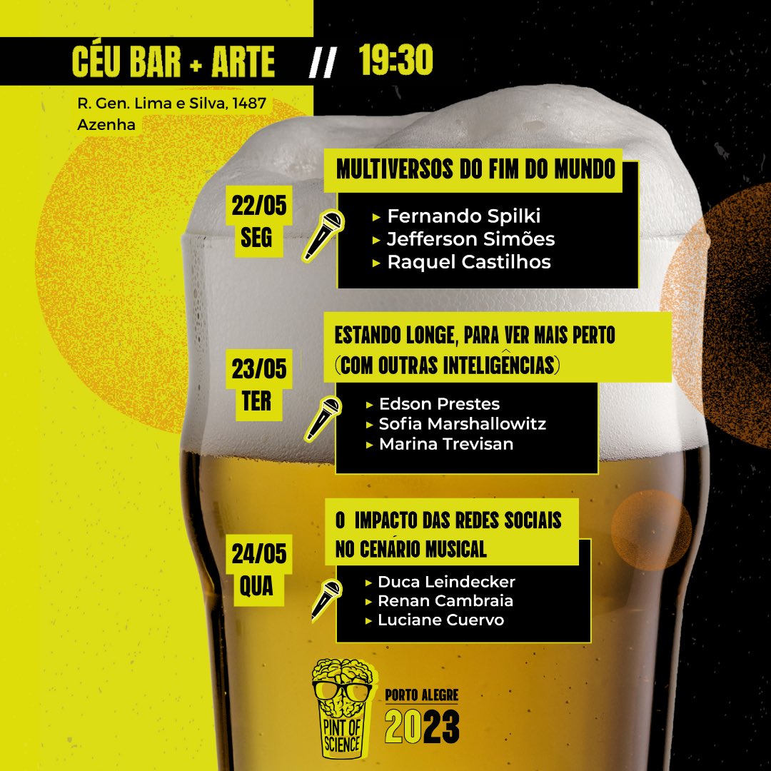 mellziland's tweet photo. Gente a edição do Pint of Science 2023 de Porto Alegre ta MUITO massa! Da um conferes nos cards de divulgação e te organiza pra celebrar a ciência conosco ♥️

📆 22, 23 e 24 de maio 
🕢 19:30
📍CÉU BAR+ARTE e Divina Comédia Pub 

Estarei esperando para um abraço e um brinde! https://t.co/CD5LHGHZOa