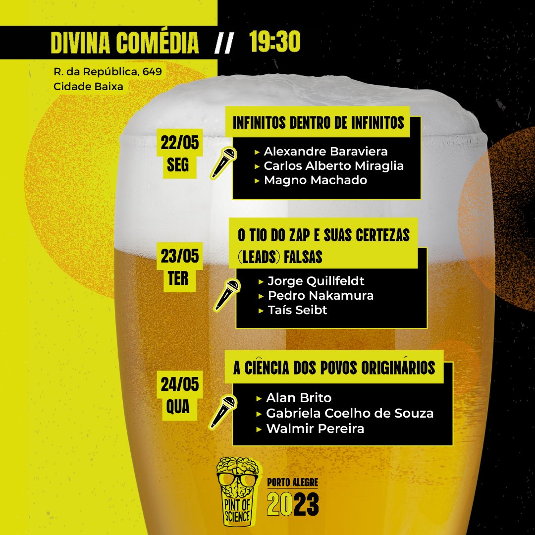 mellziland's tweet photo. Gente a edição do Pint of Science 2023 de Porto Alegre ta MUITO massa! Da um conferes nos cards de divulgação e te organiza pra celebrar a ciência conosco ♥️

📆 22, 23 e 24 de maio 
🕢 19:30
📍CÉU BAR+ARTE e Divina Comédia Pub 

Estarei esperando para um abraço e um brinde! https://t.co/CD5LHGHZOa