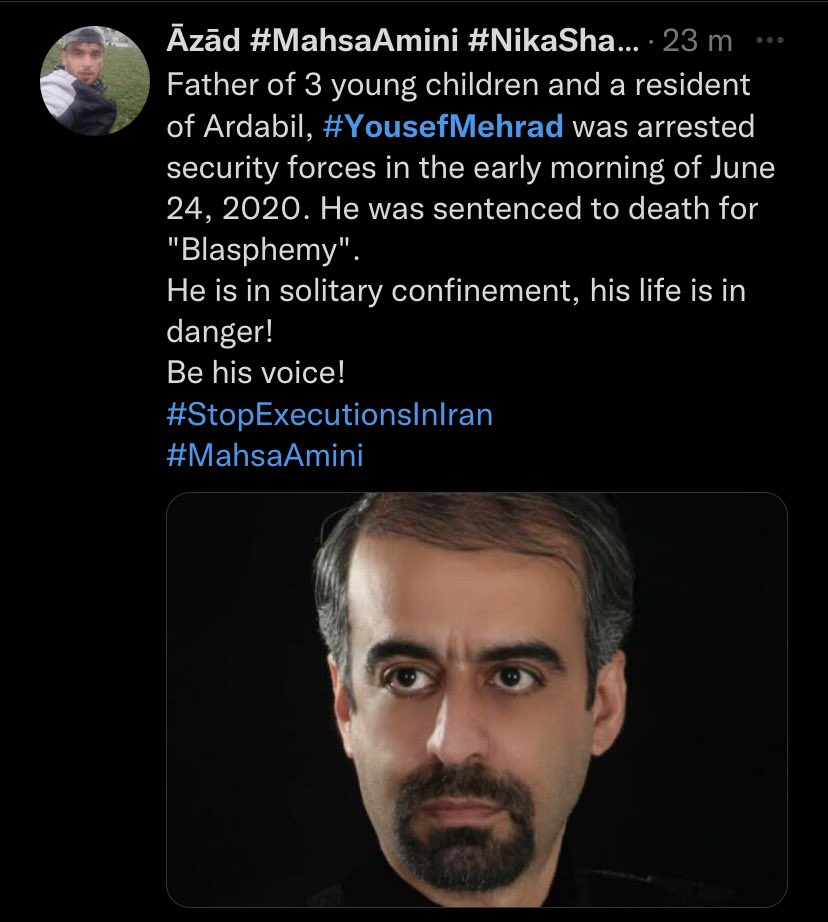Iris_Farkhondeh's tweet photo. Non à l’exécution de Yousef Mehrad et de Sadrollah Fazeli-Zare. Arrêtés en 2020 pour « insulte au prophète », ils risquent maintenant d’être pendus à tout moment. @AssoECPM @WCADP @Les_CitadElles @GalinaElbaz @IHRights @IranRights_org @SophiaAram @FredericEncel @BanonTristane https://t.co/5y4fRO7s8D