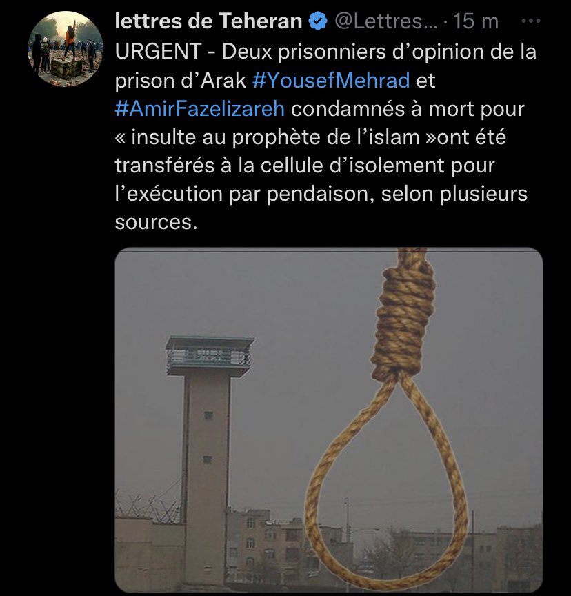 Iris_Farkhondeh's tweet photo. Non à l’exécution de Yousef Mehrad et de Sadrollah Fazeli-Zare. Arrêtés en 2020 pour « insulte au prophète », ils risquent maintenant d’être pendus à tout moment. @AssoECPM @WCADP @Les_CitadElles @GalinaElbaz @IHRights @IranRights_org @SophiaAram @FredericEncel @BanonTristane https://t.co/5y4fRO7s8D