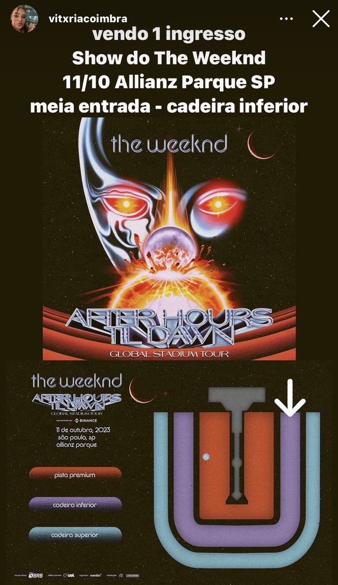 midnightspidey's tweet photo. Oi! Vendo meu ingresso do Show The Weeknd em São Paulo Allianz Parque dia 11/10

Setor: Cadeira Inferior - meia

Motivo: Estarei viajando a trabalho

Valores por DM, dá pra pagar com crédito mas no pix tem desconto

🔑: Show, The Weeknd, ingresso, compro ingresso, vendo ingresso https://t.co/aRSQgy4P0N
