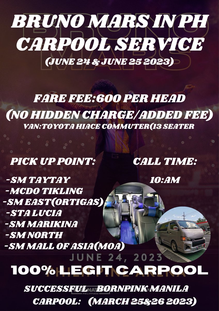 OT4OrNothingg's tweet photo. HOOLIGANS LOOKING FOR CARPOOL PARA SA CONCERT NI BRUNO.

WE STILL HAVE SLOT FOR BOTH DAYS😊

DM TO RESERVE YOUR SLOT.

WE WILL ALSO HOST A CARPOOL FOR TXT CONCERT AND TWICE CONCERT😊

#BrunoMarsInPH
#CarpoolService https://t.co/1v2sueAShe