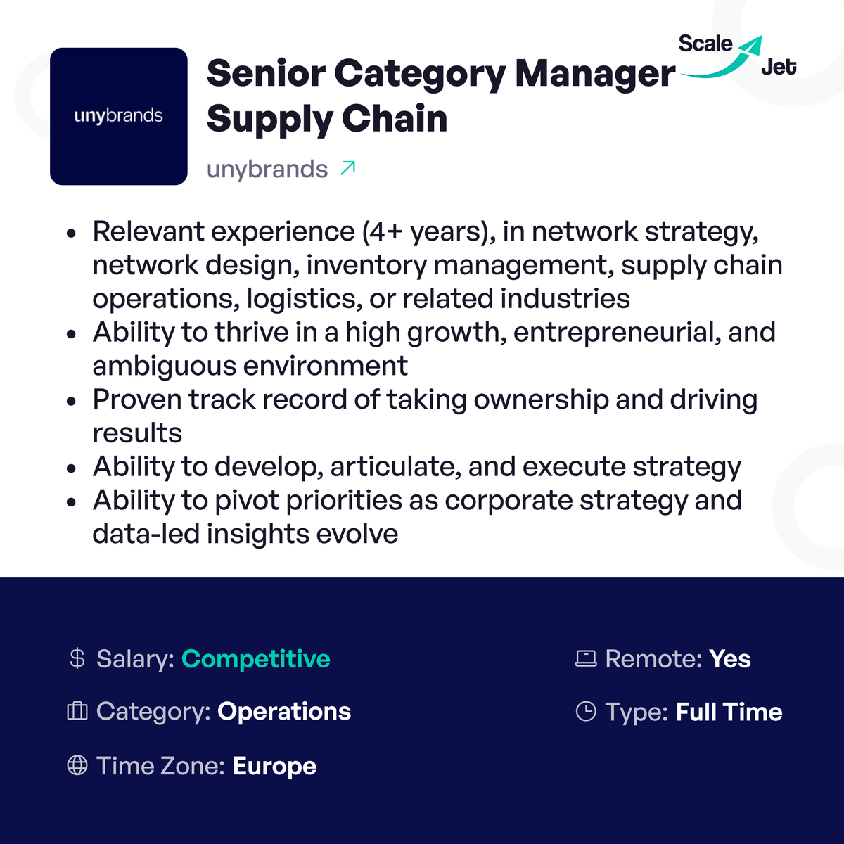 scale_jet's tweet photo. Take your career to the next level and manage end-to-end category strategies to optimize revenue and growth. Join @unybrands  and apply now!
https://t.co/QAgBYw9INi https://t.co/Wa0aCFXEID
