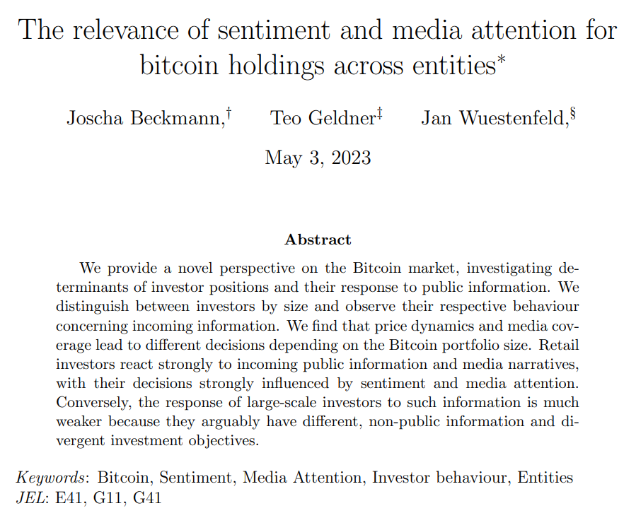 JanWues's tweet photo. I am happy to announce the release of a working paper which I have written with @GeldnerTeo and Joscha Beckmann entitled:

"The relevance of sentiment and media attention for #bitcoin holdings across entities."

You can read the full paper here:
https://t.co/wxngyun7a7 https://t.co/5YRdXNklWr