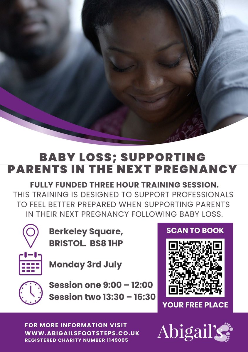 💜 Are there any healthcare professionals in BRISTOL interested in our Abigail’s Footsteps fully funded training on Monday 3rd July.

💜 To book your place, visit: eventbrite.co.uk/cc/fully-funde…

💜 Please share with your friends and colleagues.

#training #babyloss #nhs #bristol